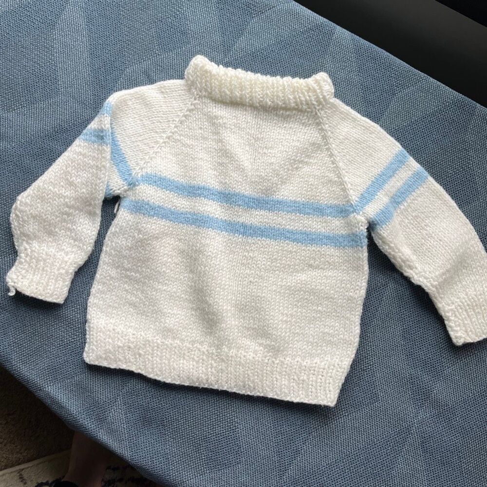 VTG Handmade Kids Knit Sweater Blue Stripe Raglan Heirloom Cottagecore